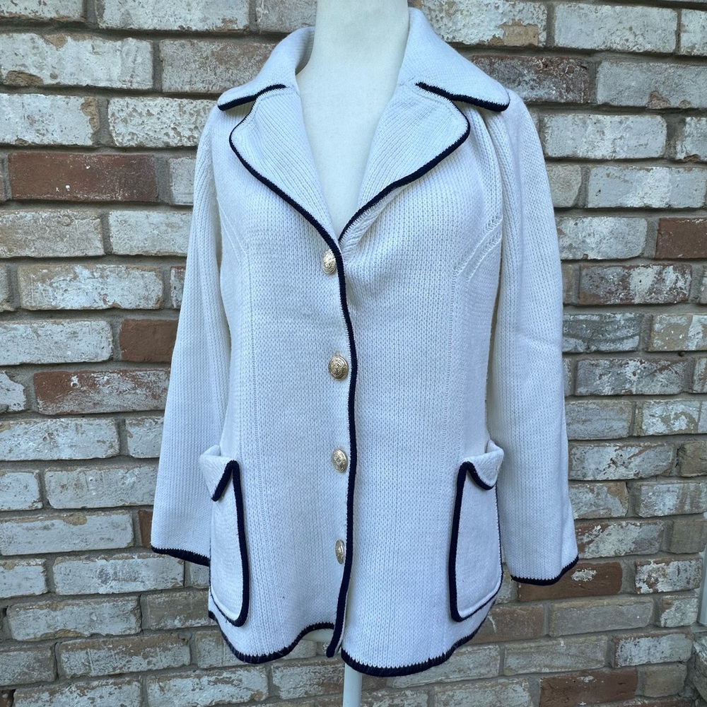 Alexander’s Fully Fashioned Vintage Acrylic Sweater sz 36 Blue & Cream